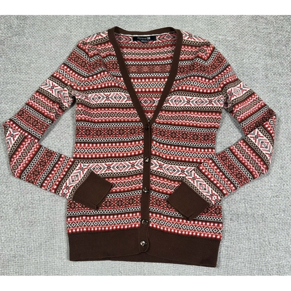 Forever 21 Sweater Womens Small Brown Red Fair Isle‎ Cardigan Y2K Deep V Cotton